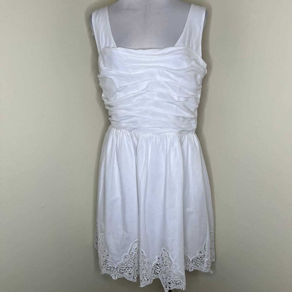 Melonie T Dress 14 White Crochet Hem Lace Ruched Fit & Flare A-Line Chic Mini